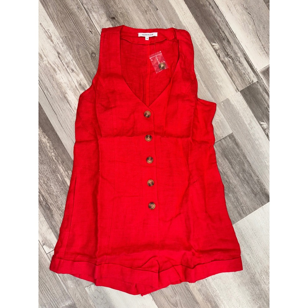 Olivaceous Linen Romper Women Red Button Front Sleeveless V-Neck Pockets M